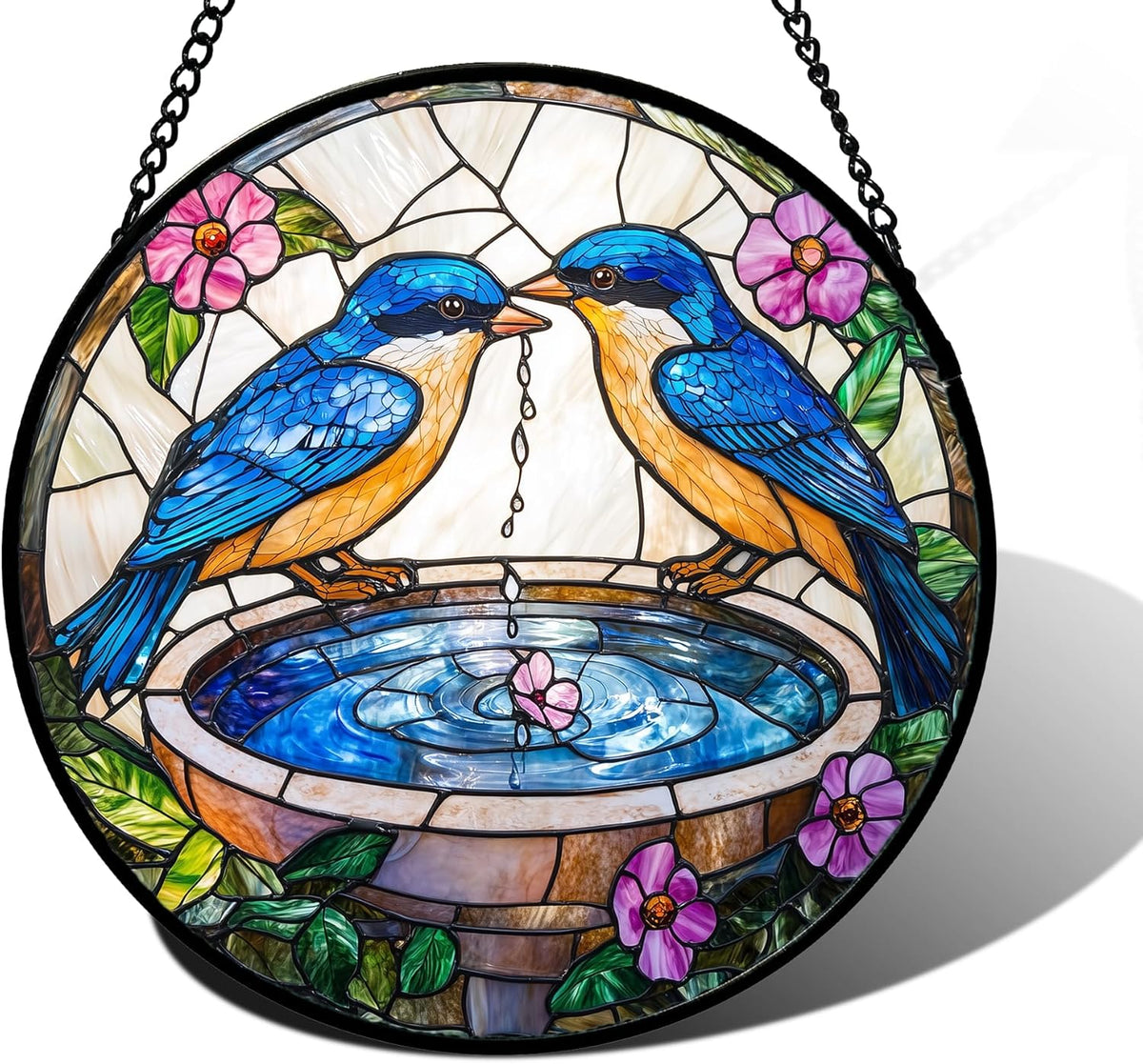 Stained Glass Window Hanging, 2 Blue Birds Suncatcher Diamond Glass Panel Hangings Bird Lover Sun