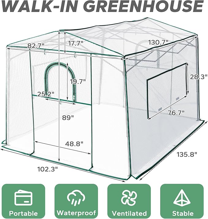 8.7'x 6.6'x 7' Small Walk-in Greenhouse for Outside & Indoor with 2 Roll-up Zipper Doors, 4