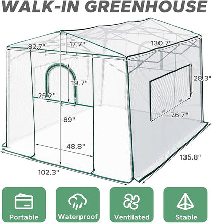 8.7'x 6.6'x 7' Small Walk-in Greenhouse for Outside & Indoor with 2 Roll-up Zipper Doors, 4