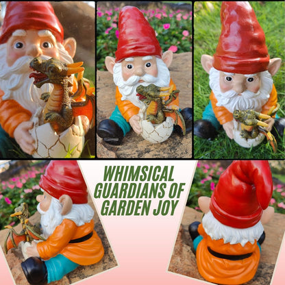 Fantasy Dragon Gnome Garden Statue - 6.8" Weatherproof Resin Garden Gnome with Baby Dragon, Unique