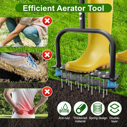 Lawn Aerator -Aerator Lawn Tool with 14 Iron Spikes, Automatic Dirt and Leaf Clean with