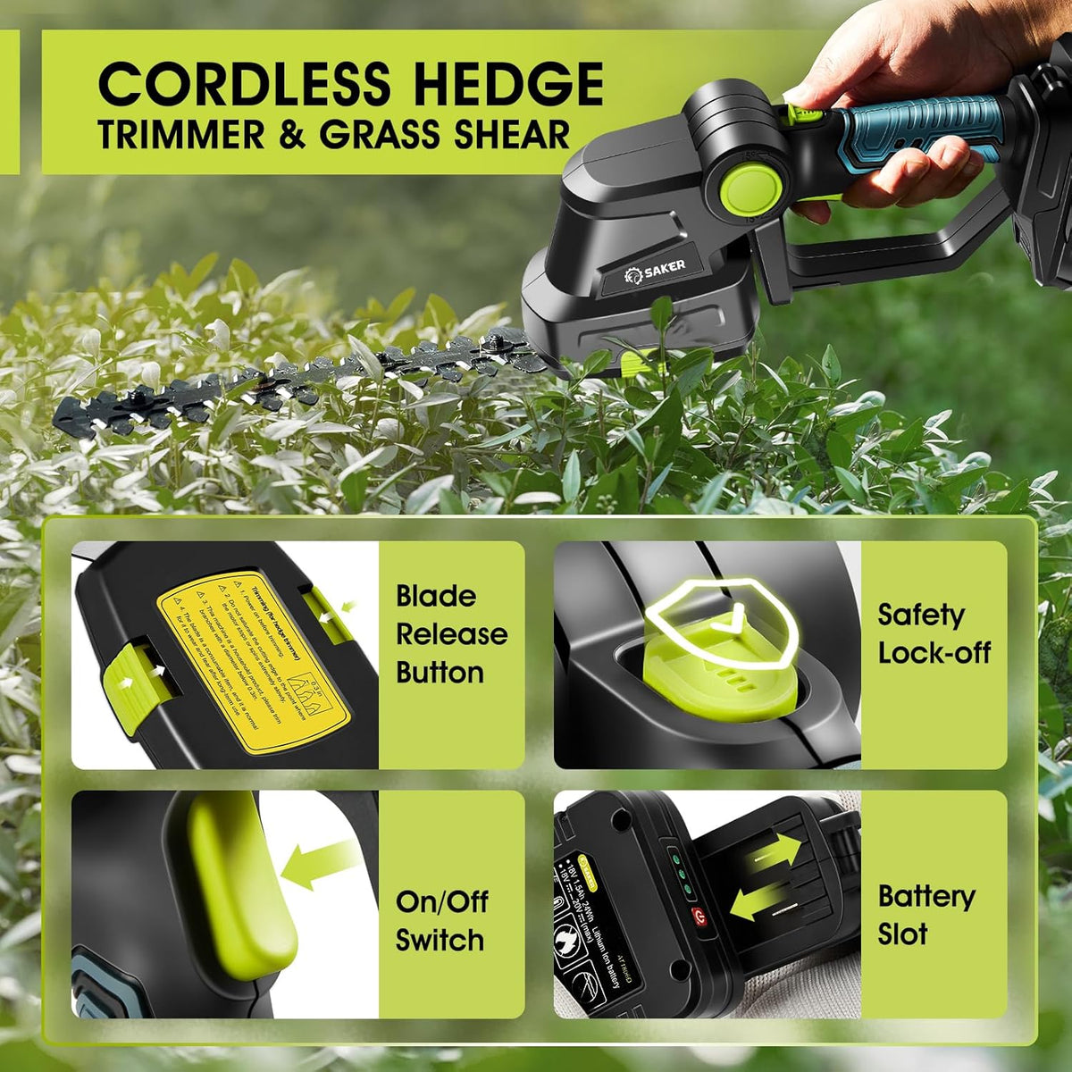 Saker Cordless Hedge Trimmer-20V Electric Shrub Trimmer Grass Shears Handheld Grass Cutter, Hedge