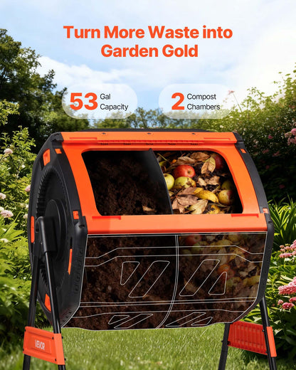 VEVOR Compost Tumbler, 53 Gallon Dual Chamber Outdoor Tumbling Composter with 2 Sliding Doors and