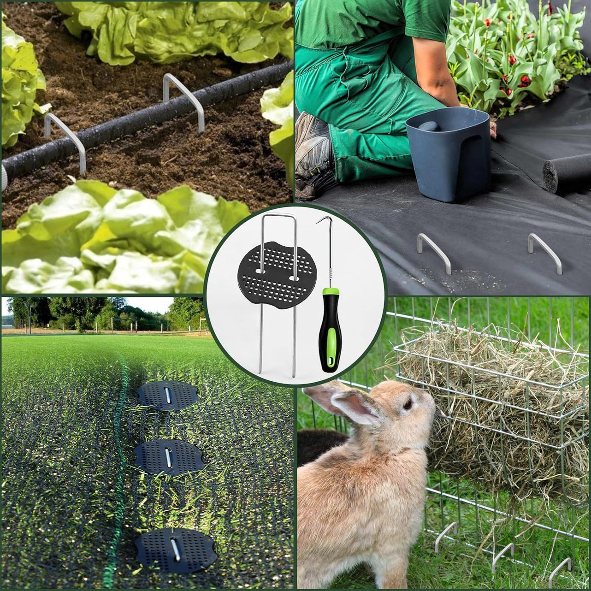 FEED GARDEN 6 Inch 200 Pcs Galvanized Landscape Staples 200 Pcs Gaskets Pick Hook Garden Stakes 11