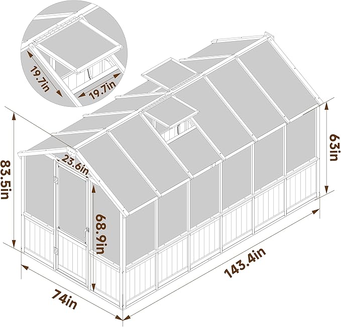 BlueWish 6x12FT Greenhouse, Wood Greenhouses with 6MM Thick Polycarbonate, Adjustable Vent, Cedar