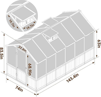 BlueWish 6x12FT Greenhouse, Wood Greenhouses with 6MM Thick Polycarbonate, Adjustable Vent, Cedar