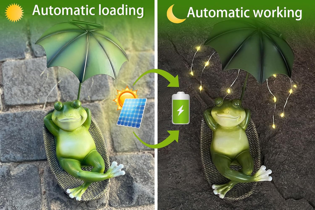 Solar Frog Garden Decor Outdoor Statue - Frogs Umbrella LED Waterproof Sculptures Lights, Cute Frog