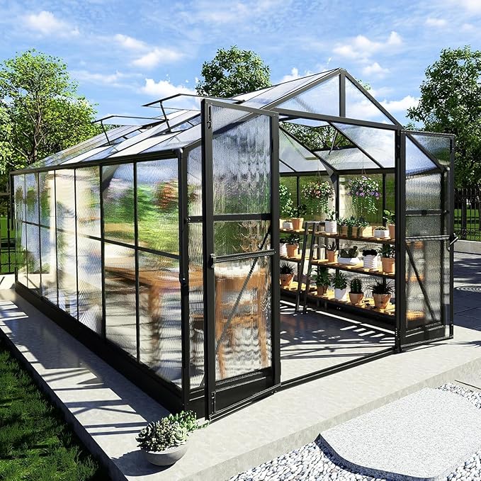 AMERLIFE 8x14x7FT Polycarbonate Greenhouse, Walk in Greenhouse with Quick-Connect System, Green