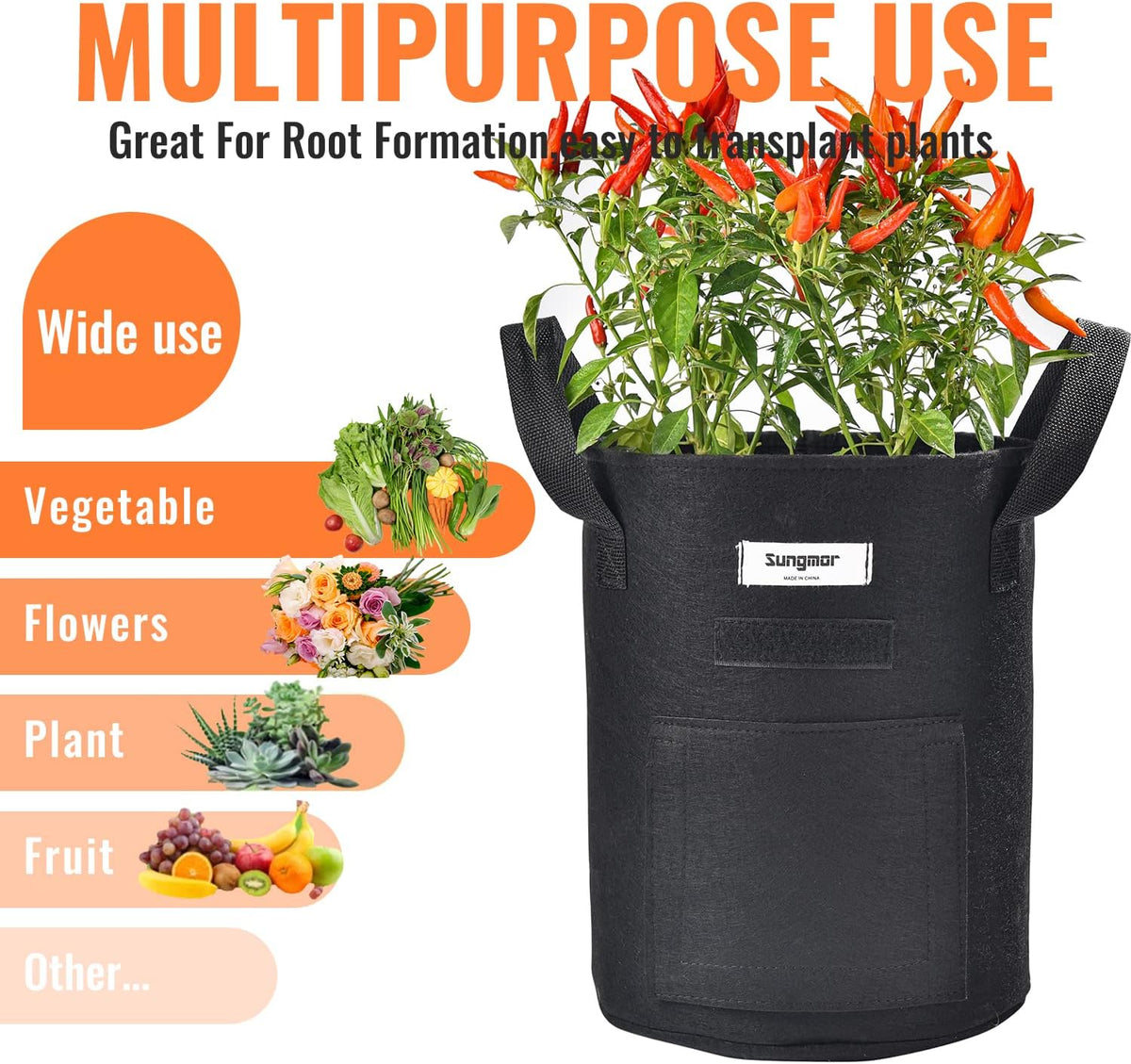 Sungmor 3PC Large Fabric Pots, Grow Bags for Plants 10 Gallon Patio Garden Bags Cloth Pots, Heavy