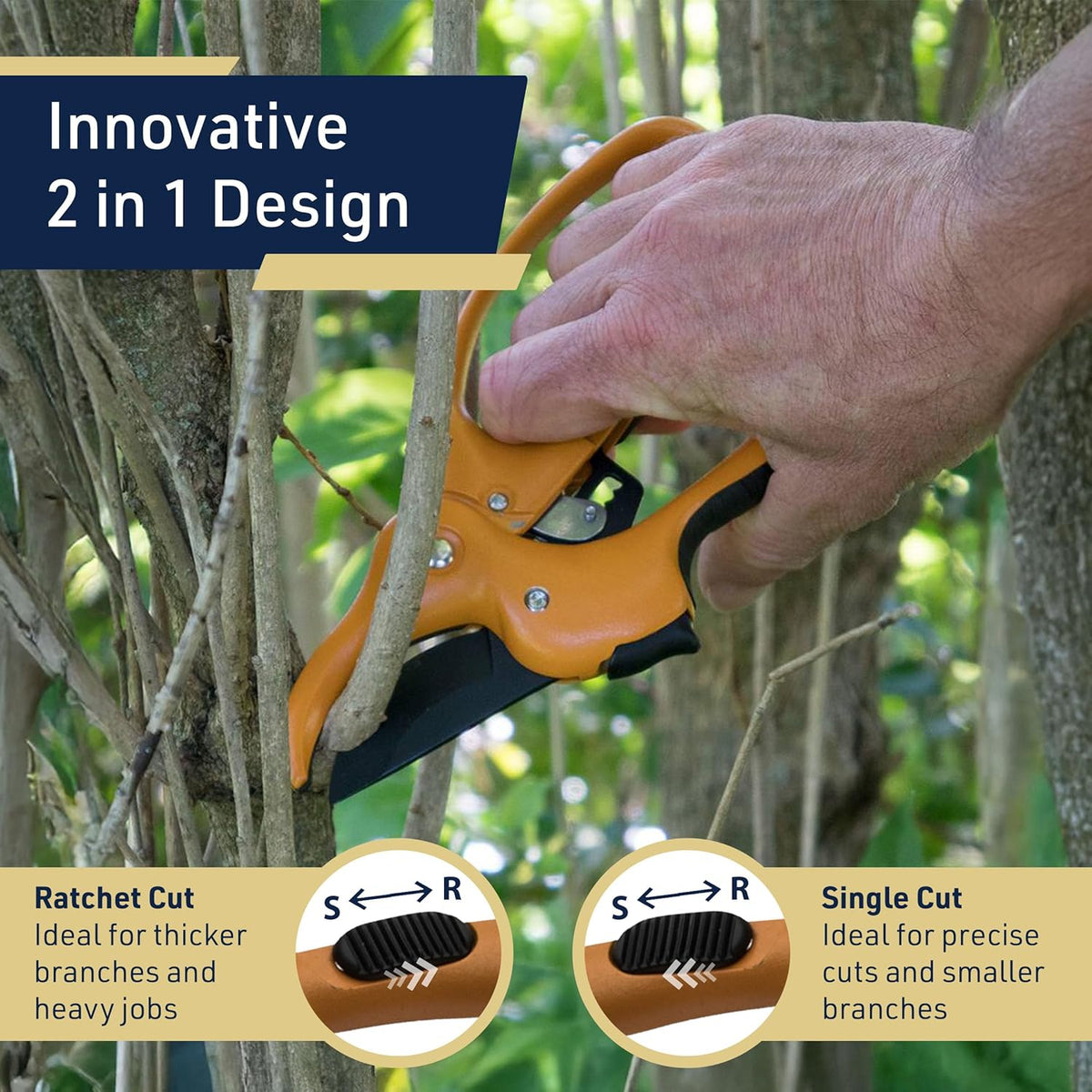 Kings County Tools Ratcheting Hand Pruner | Extra Cutting Strength | Adjust Grip to Activate