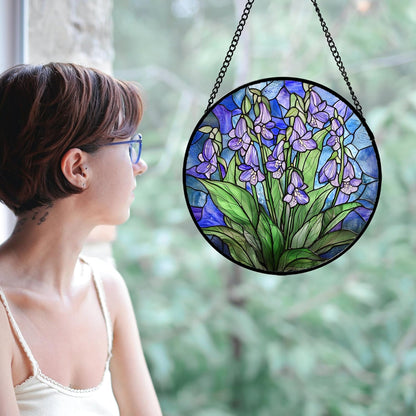 Stained Glass Suncatcher, Blue Purple Flowers Green Leaves Sun Catcher Plants Stain Glass Window