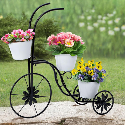 BAYN Bicycle Planter Stand, Metal Flower Pot Cart Holder Tricycle Planter with 3 Plant Bucket