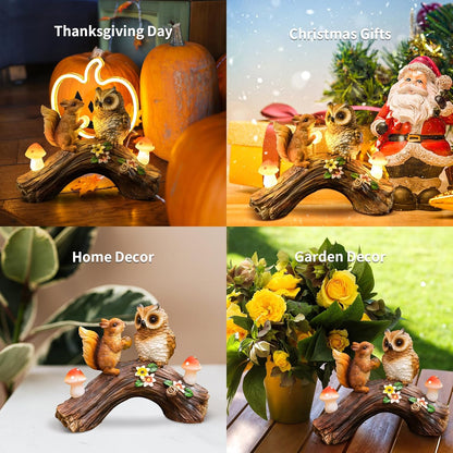 Solar Owl Garden Statues Outdoor Decor Resin Owl Squirrel Figurine with Mushroom Lights for Patio