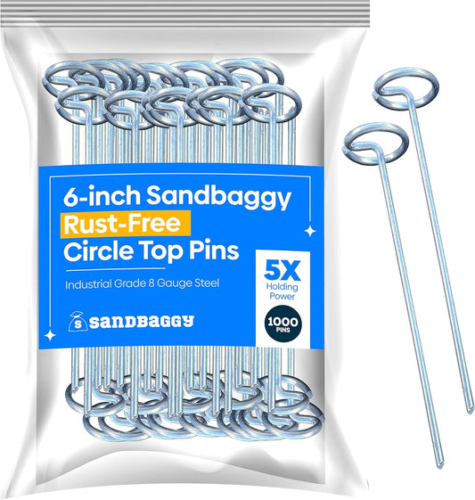 Sandbaggy 6-inch Circle Top Pins - Landscape Staples (Galvanized) - Garden Stakes for Landscaping