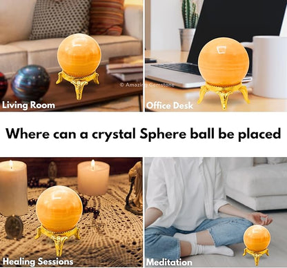 Amazing Gemstone Yellow Calcite Banded Crystal Ball with Stand - 2 Inches Crystal Sphere Meditation