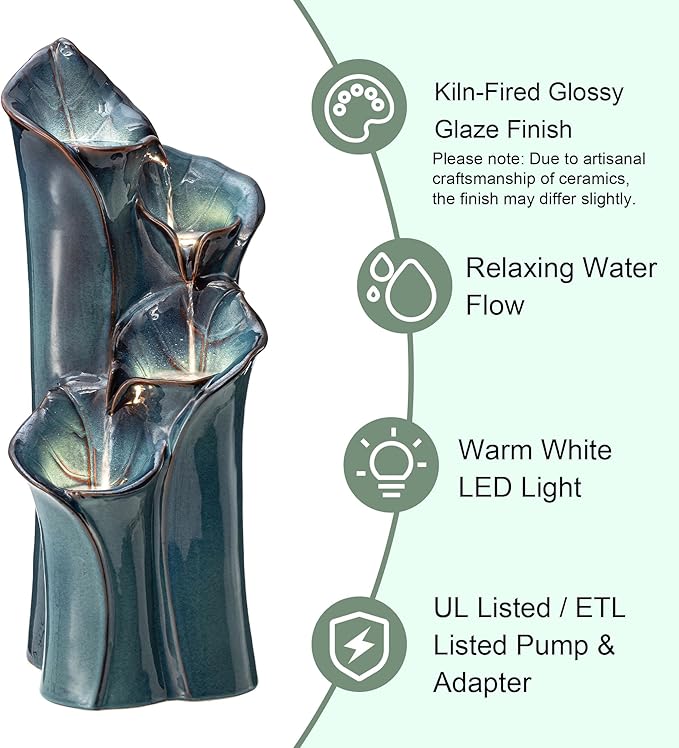 Glitzhome 31.25" H Outdoor Water Fountain with LED Lights and Pump, 4 Tier Turquoise Lotus Leaf