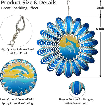 Animated Dolphin Wind Spinner | 3D Holographic Stainless Steel Kinetic Wind Spinners, Magical