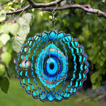 3D Wind Spinner Mandala 10 Inch Evil Eye Stainless Steel Wind Sculpture Blue Hanging Ornament Laser