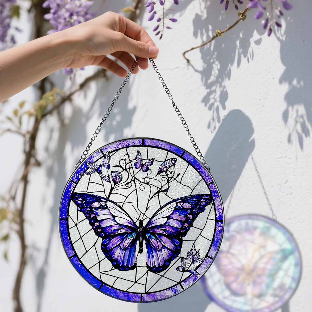 Stained Glass Window Hanging, 8 Inch Purple Butterfly Stained Glass Suncatcher, Butterfly Light