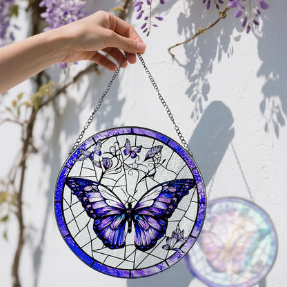 Stained Glass Window Hanging, 8 Inch Purple Butterfly Stained Glass Suncatcher, Butterfly Light