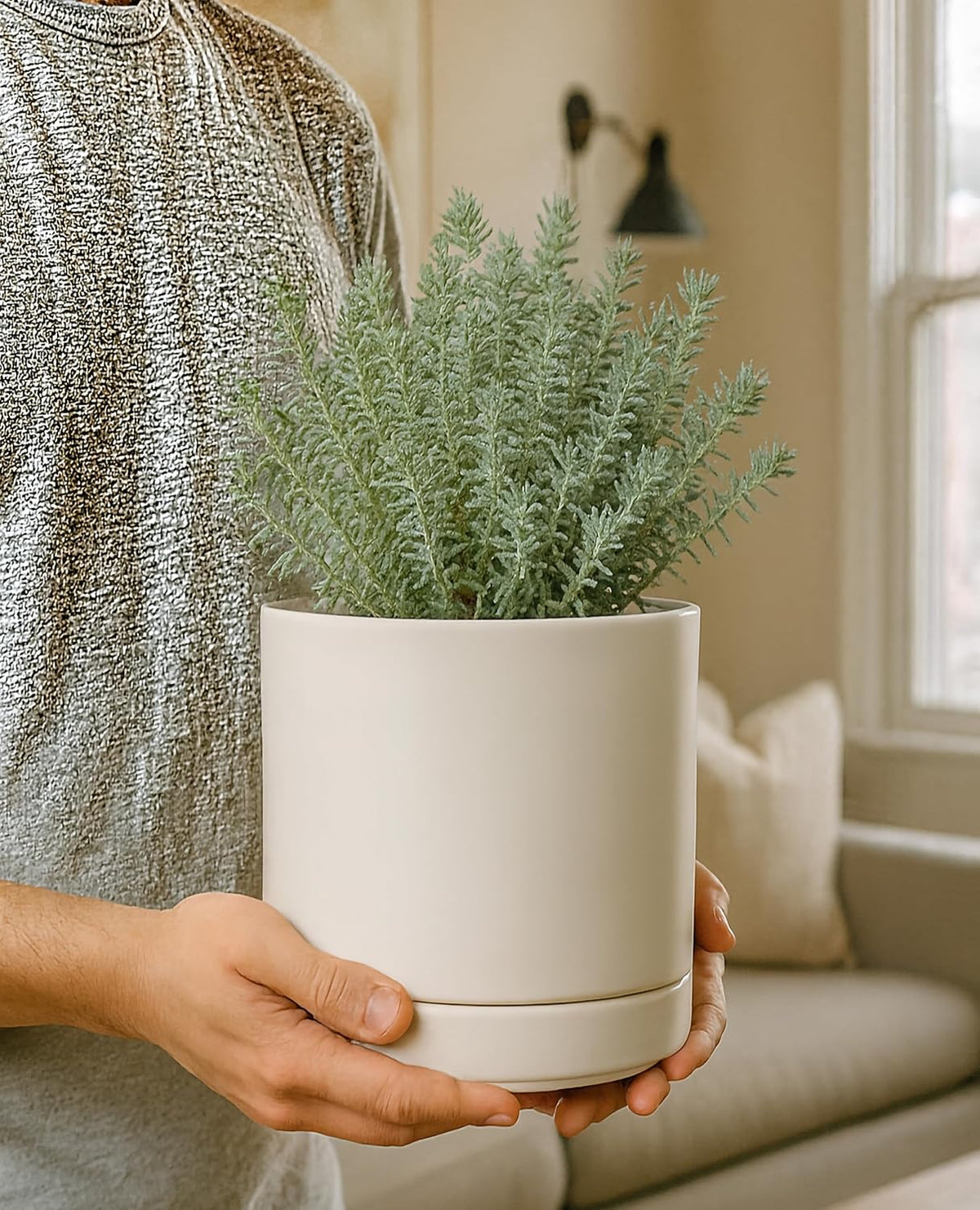 D'vine Dev 6.5 Inch Ceramic Planter Pot with Drainage Hole and Saucer, Indoor Cylinder Round