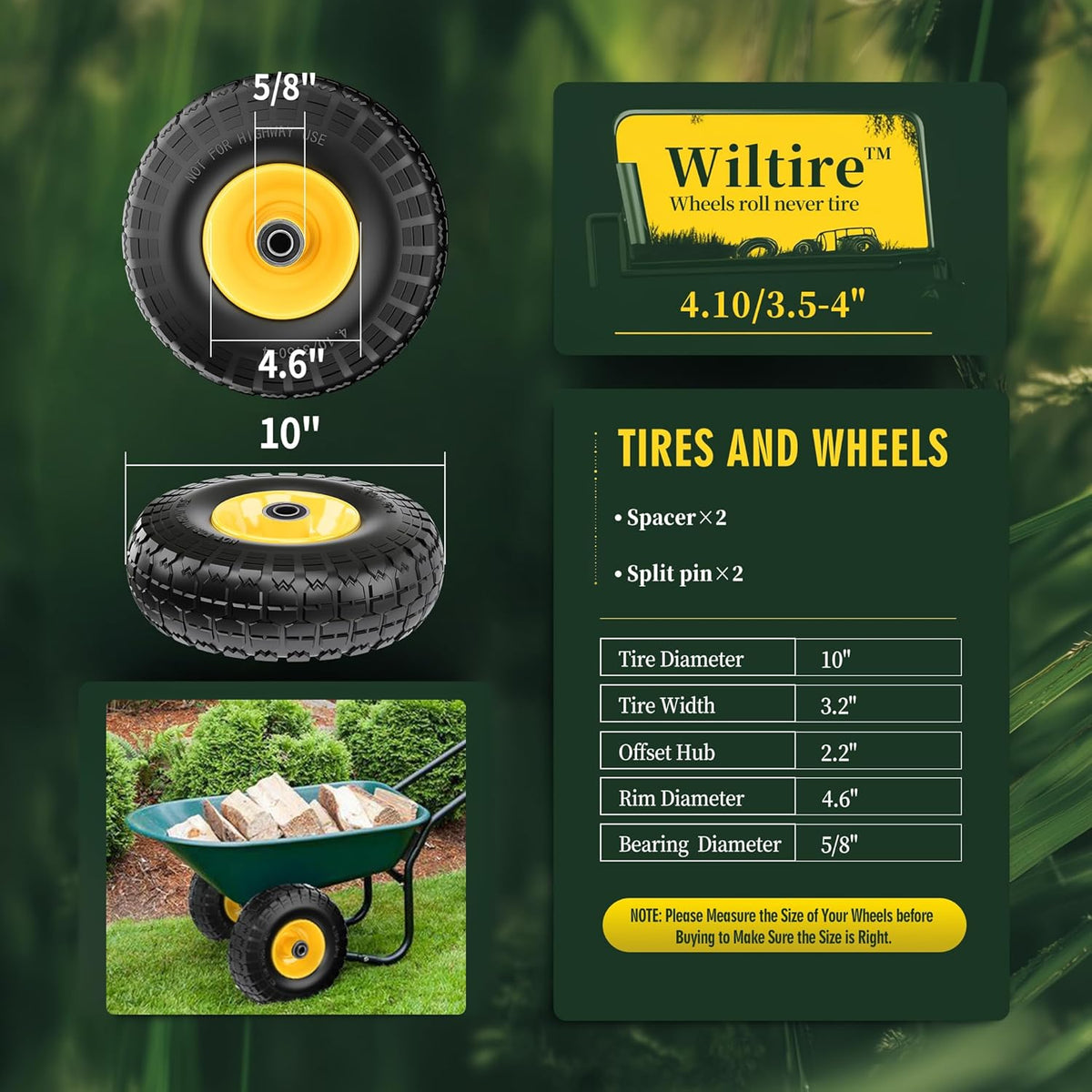 (2 Pack) 4.10/3.50-4 Flat Free Tire and Wheel 10-Inch Solid Wheel Replacement with 5/8