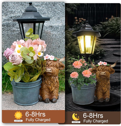 Highland Cow Statues Outdoor Solar Sculptures with Solar Lights and Flowerpot Funny Garden Decor