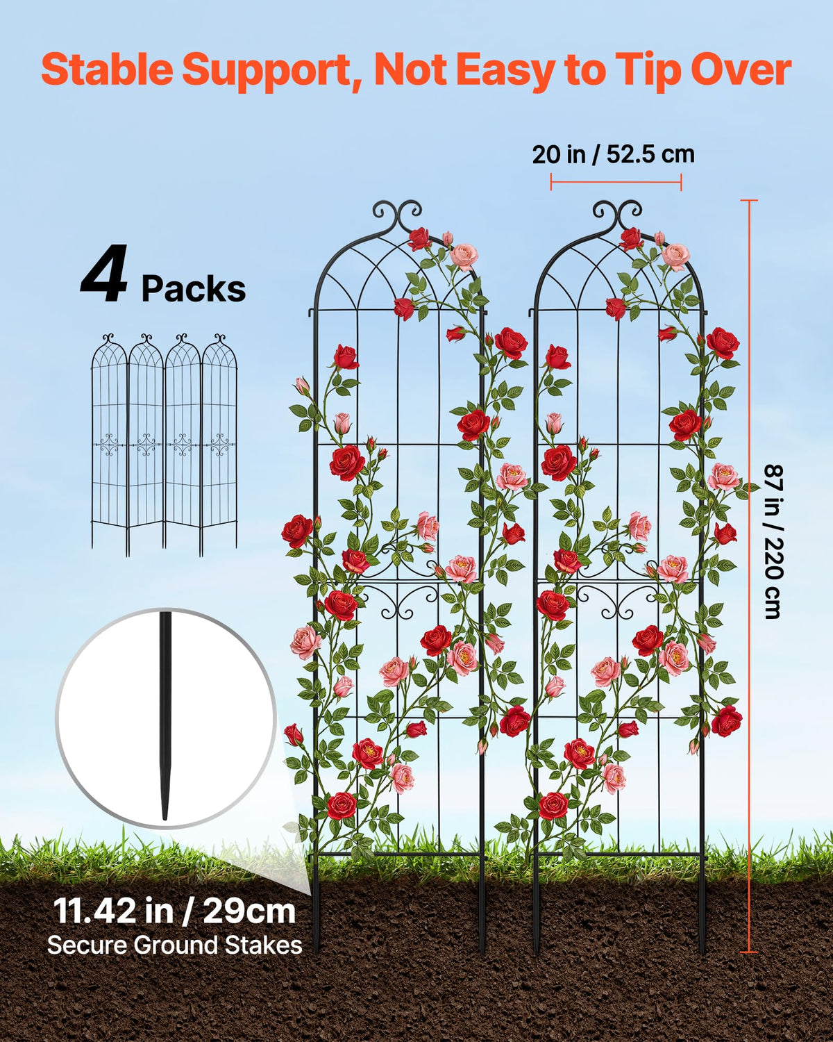 VEVOR 4 Packs Metal Garden Trellis for Climbing Plants Outdoor 87x21in, Rustproof Plant Tall