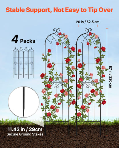 VEVOR 4 Packs Metal Garden Trellis for Climbing Plants Outdoor 87x21in, Rustproof Plant Tall
