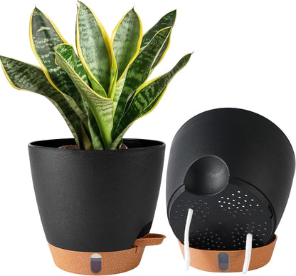 2 Pack 8 Inch Pots for Plants Indoor, Plastic Self Watering Planters with Drainage Holes, Water