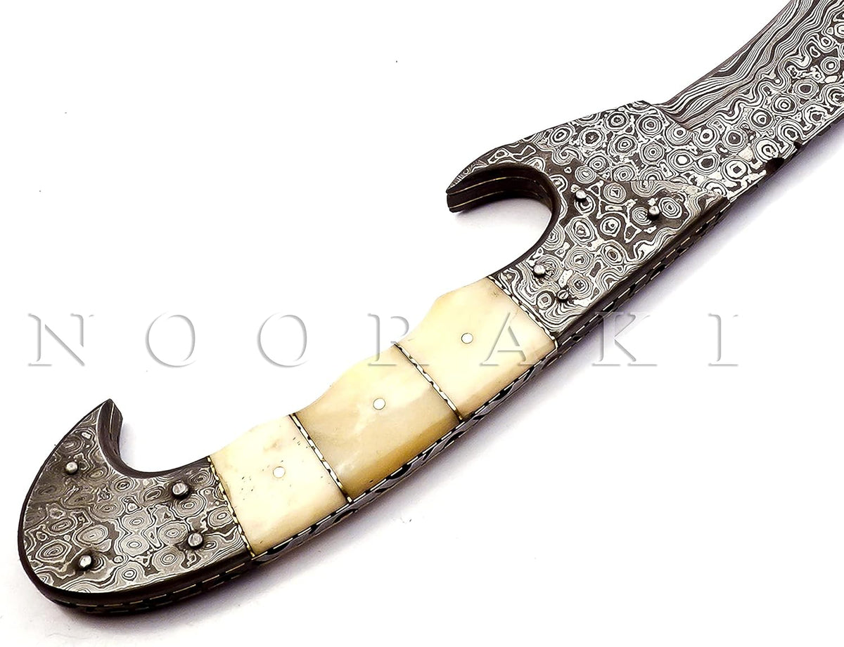 Nooraki MK-2007 Handmade Damascus Steel Fixed Blade Machete/Kukri Knife with Leather Sheath, Full