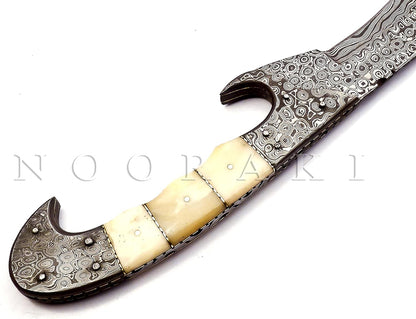 Nooraki MK-2007 Handmade Damascus Steel Fixed Blade Machete/Kukri Knife with Leather Sheath, Full