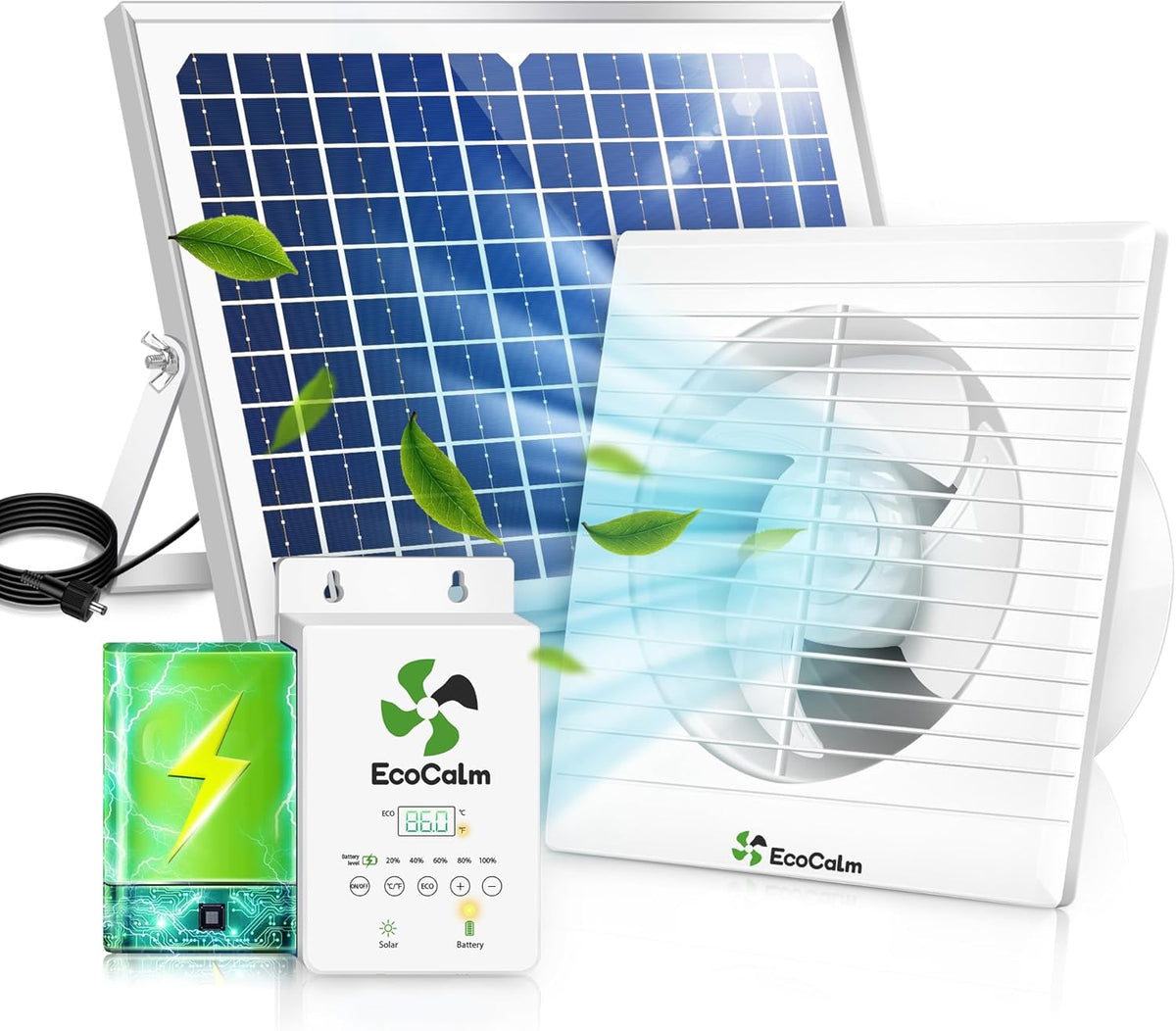 Solar Fan with Battery and Adjustable Thermostat, 8" Solar Powered Fans for Shed with 25W Bifacial