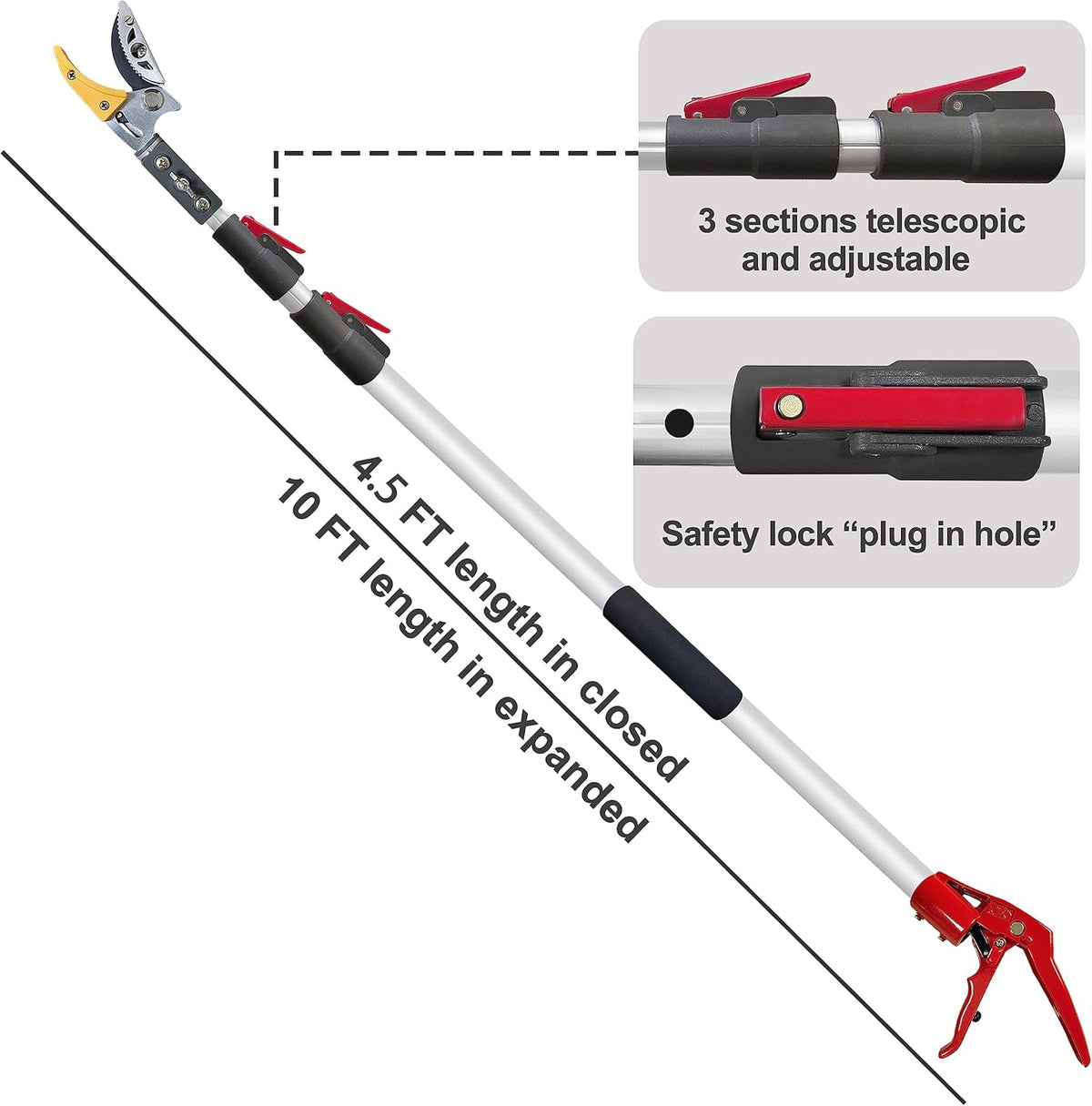 Telescopic Tree Trimmer 4.5-10 FT with 3 Section Length Adjustable, Cut and Hold Pruner, Pole Saw