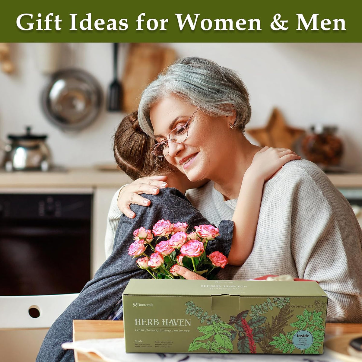 5 Herb Garden Planter Indoor with Wooden Box, Home Kitchen Seed Starter Kit Including Basil, Thyme