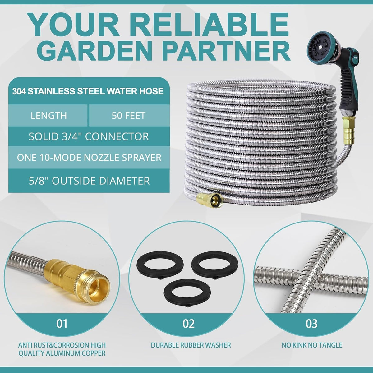 50FT Garden Hose, 304 Stainless Steel Water Hose, Flexible with a 10-Mode Nozzle Sprayer, No Kink