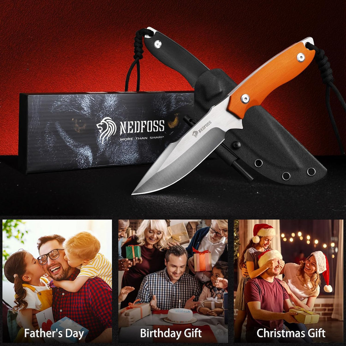 NedFoss Survival Knife with Fire Starter and Kydex Sheath, 9.25" Full Tang Fixed Blade Camping