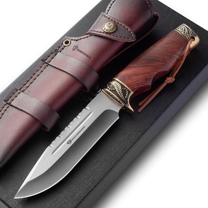 Fixed Blade Hunting Knife with Horizontal Leather Sheath YU-LN, 10.63" Bushcraft Knife for Men with