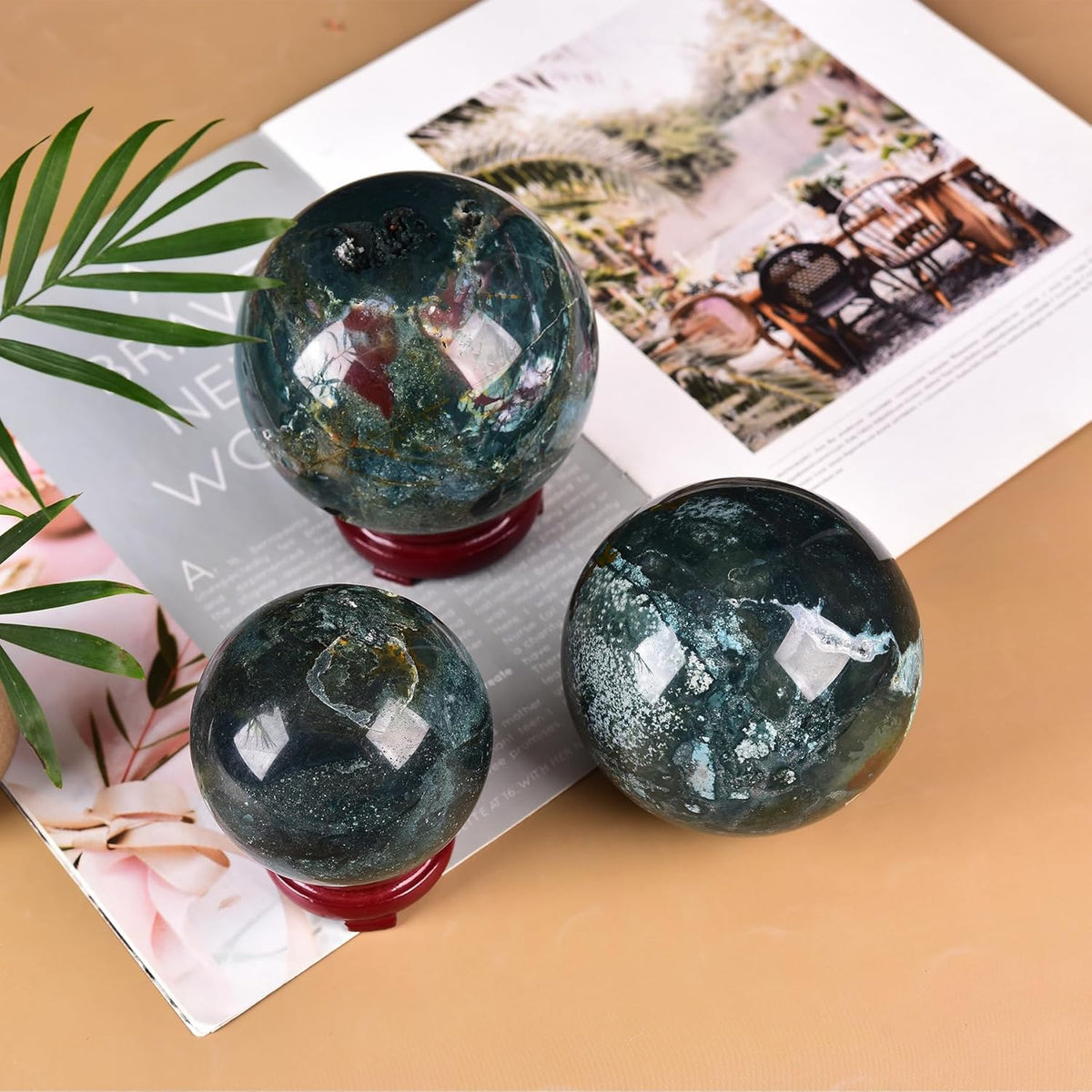 JIC Gem Large Healing Crystal Sphere with Stand Ocean Jasper Crystal Gemstone Decorative Ball for