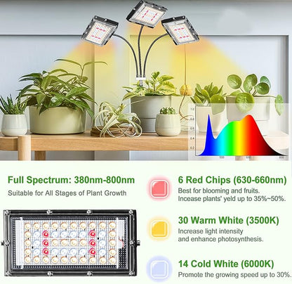 LBW Grow Light with Stand, Tri-Head LED Plant Light for Indoor Plants, Full Spectrum 150 LEDs