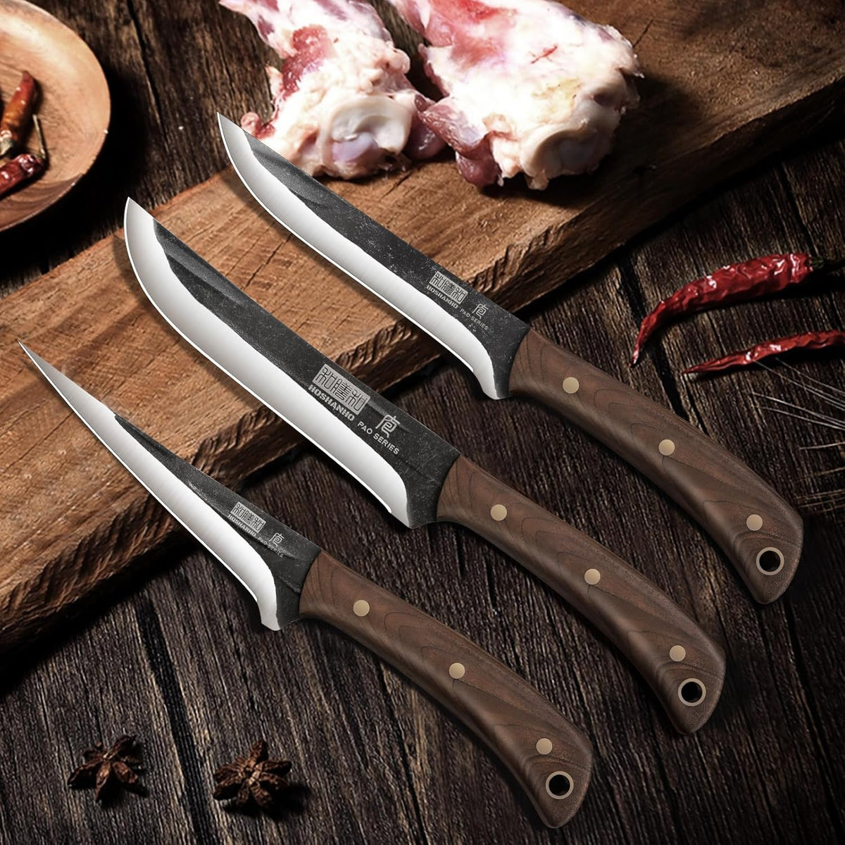 HOSHANHO Butcher Knife Set 3-Piece, Super Sharp Hand Forged Fillet Knife & Dividing Knives & Paring
