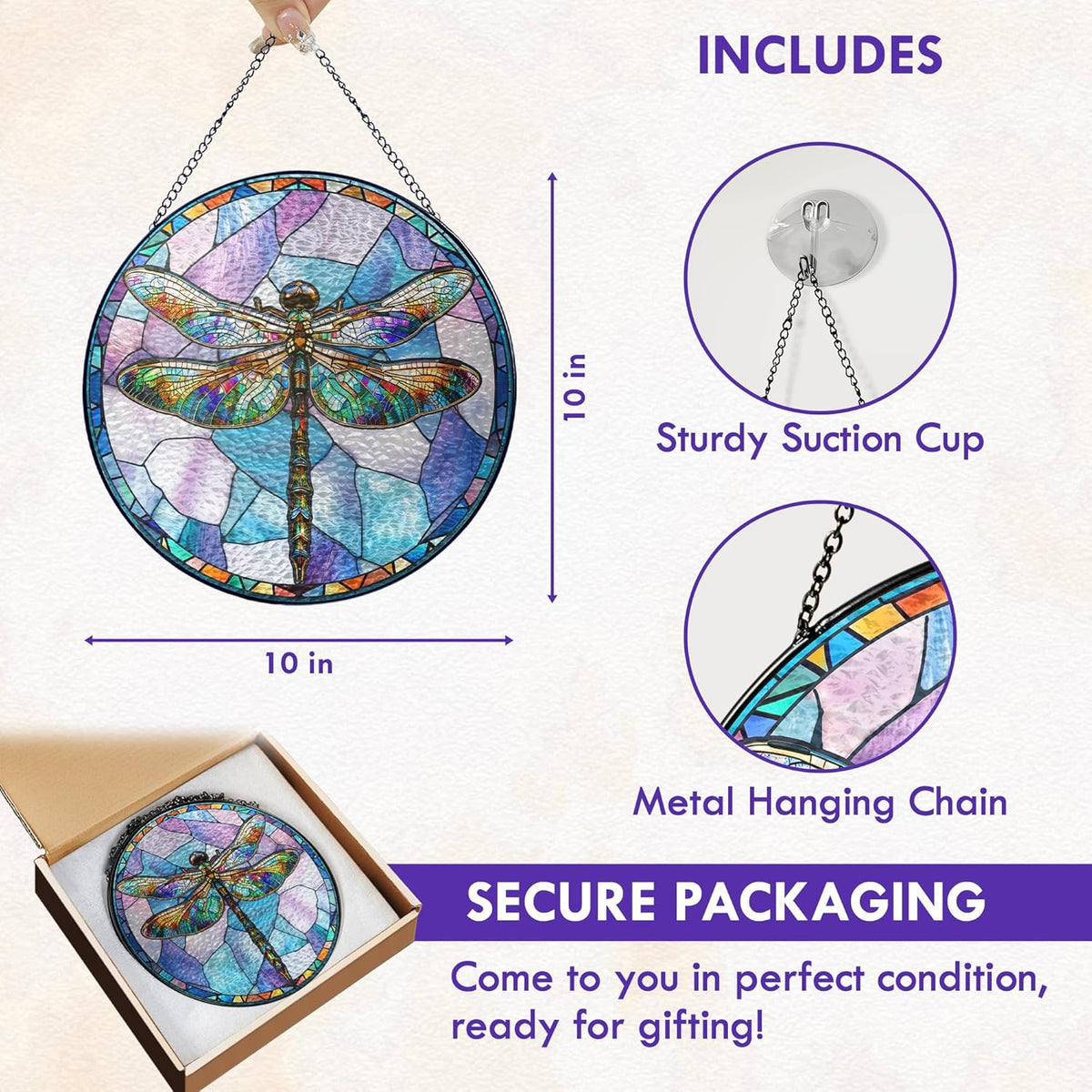 FLAGWIX Christmas Dragonfly Gifts for Women Men - Stained Glass Window Hanging 10 in - Dragonfly