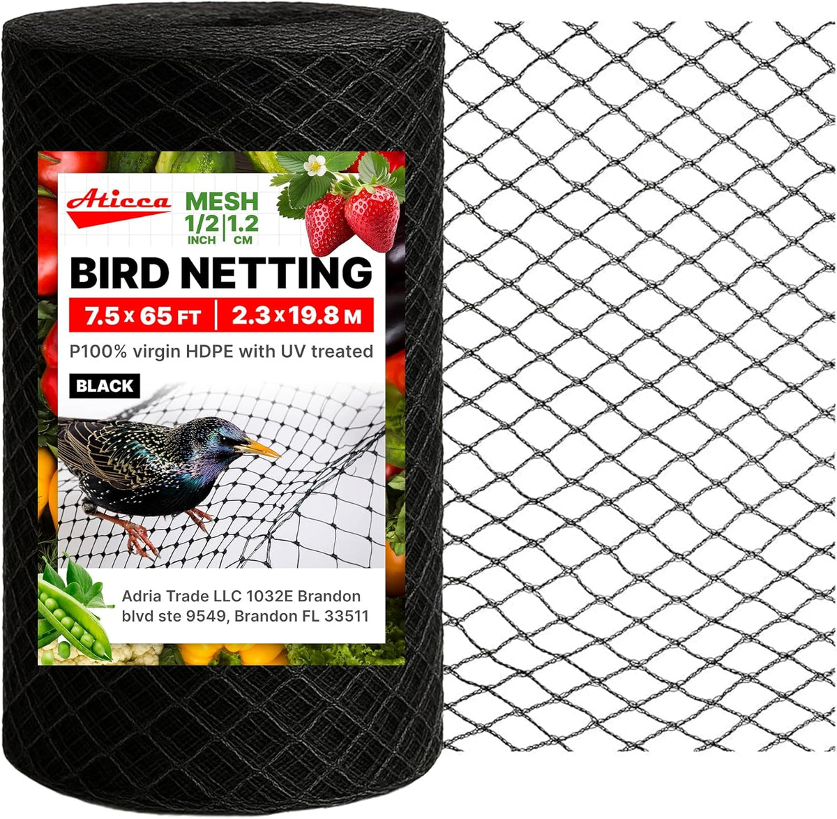 Heavy Duty Bird Netting for Garden Protection & Fruit Trees, 7.5x65 Ft with 10 Stakes – Black
