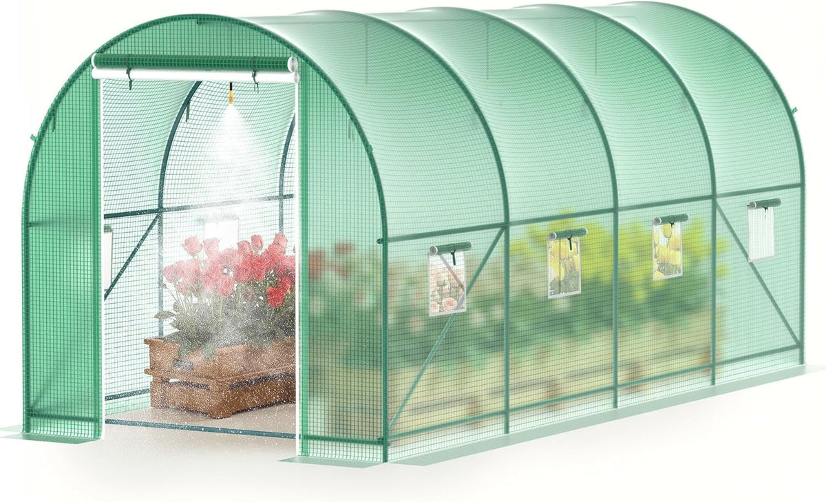 15x7x7 FT Walk-in Greenhouse for Outdoors w/ Watering System,8-Ventilated Screen Window Portable