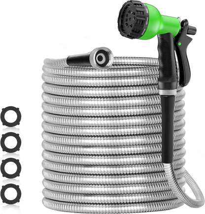 SPECILITE 75ft 304 Stainless Steel Garden Hose Metal, Heavy Duty Water Pipe with Nozzles for Yard