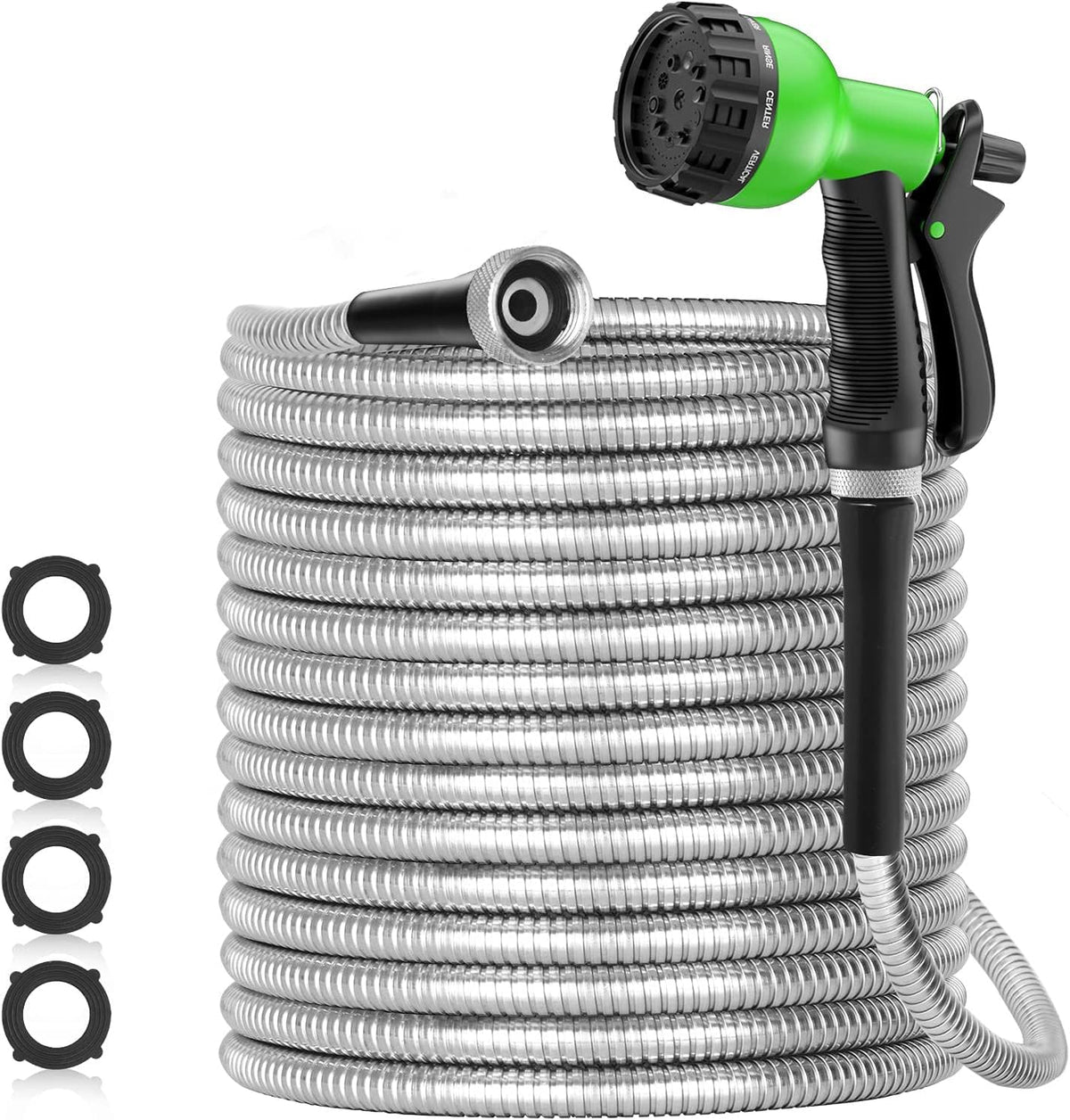 SPECILITE 150ft 304 Stainless Steel Garden Hose Metal, Heavy Duty Water Pipe with Nozzles for Yard