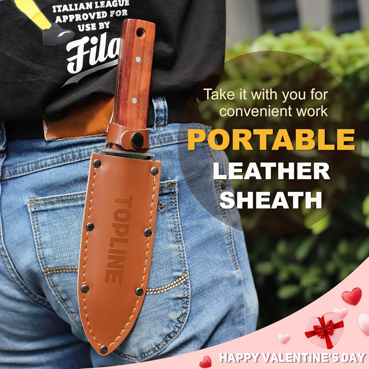 Topline Hori Hori Garden Knife, Double-edge Stainless Steel Blade, Garden Knife with Leather Sheath