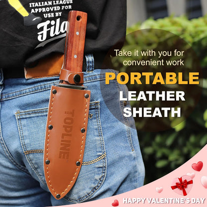 Topline Hori Hori Garden Knife, Double-edge Stainless Steel Blade, Garden Knife with Leather Sheath