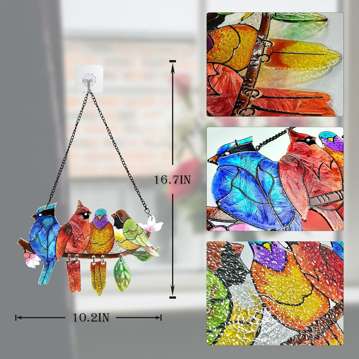 Stained Glass Window Hanging - Hummingbird on Branch Suncatcher Hand-Painted Double Side Stain