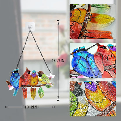 Stained Glass Window Hanging - Hummingbird on Branch Suncatcher Hand-Painted Double Side Stain